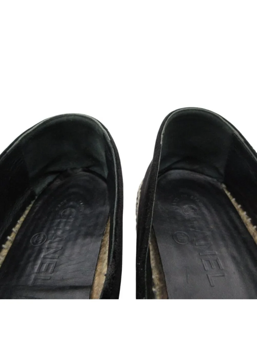 Chanel Slip-on Espadrilles Velour Logo Plate Flat Shoes Jute Black
